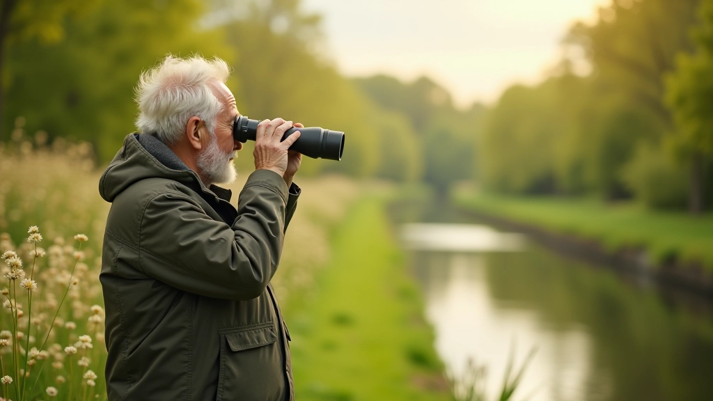 Birdwatcher observing wildlife along canal
