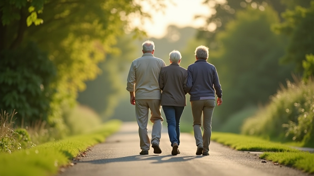 Mature couple walking together on sunny Royal Canal towpath with trees and water visible in background