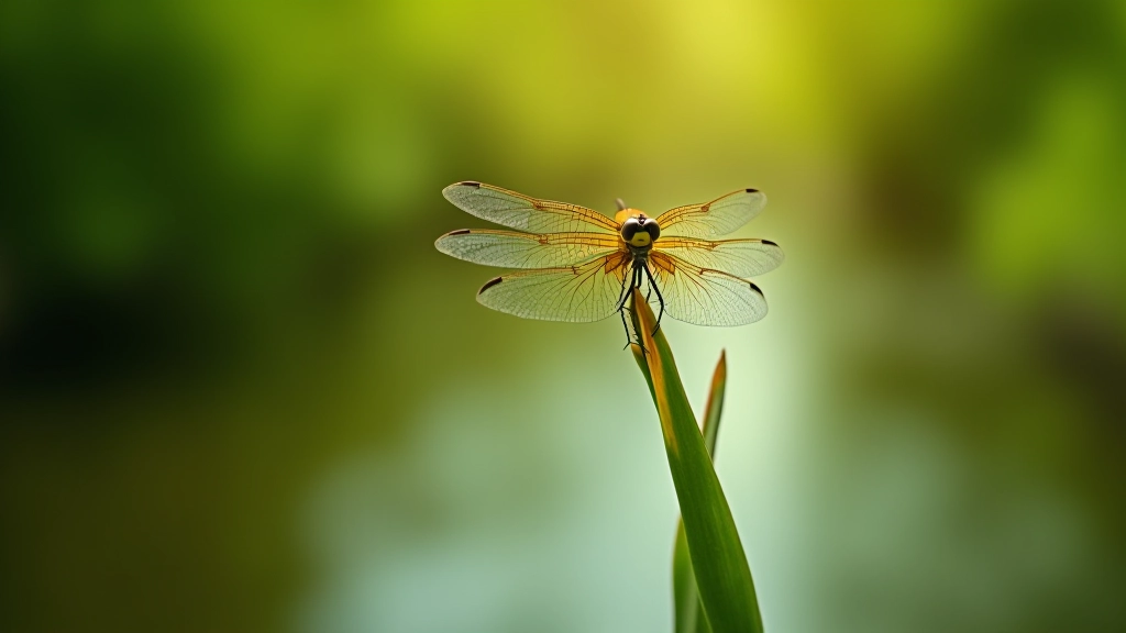 Dragonfly perched on plant stem over canal water, detailed wing pattern visible, summer vegetation, bright sunlight