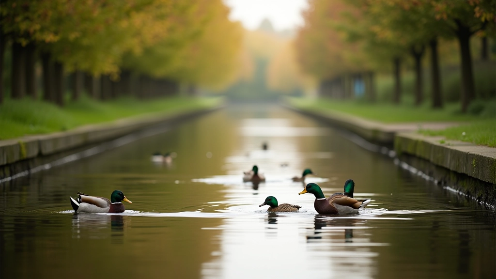 Ducks and water birds gathered on Royal Canal water with trees and towpath in background