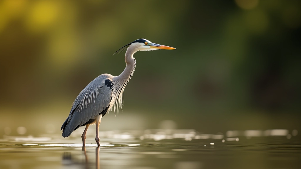 Close-up of a heron standing in shallow canal water, morning light reflecting on surface, green vegetation in soft focus background