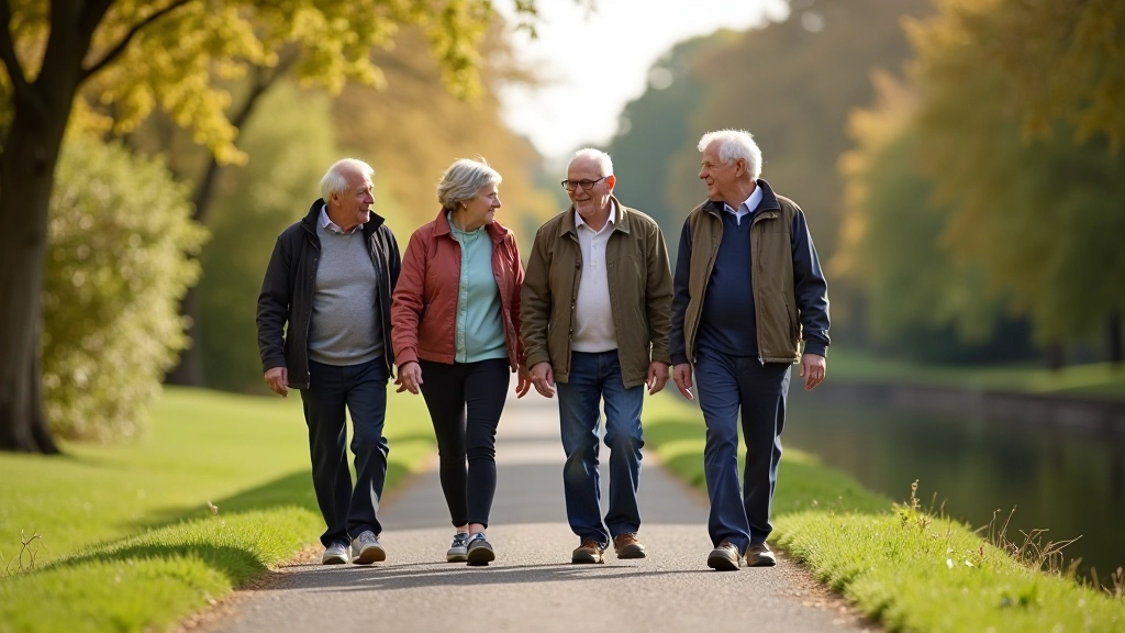 Group of retirees walking together on towpath