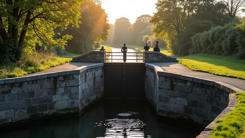 Historic lock gate structure on the Royal Canal with traditional masonry and water management mechanism
