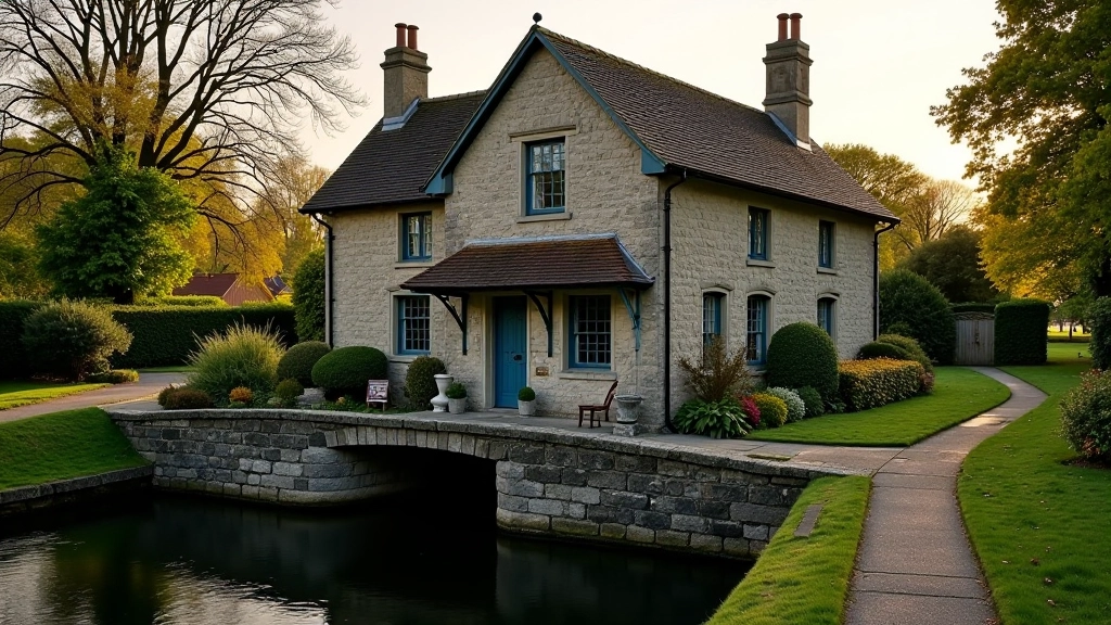Lock keeper's cottage stone building beside Royal Canal with garden and footbridge visible