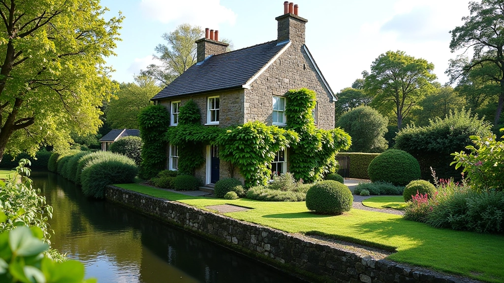 Historic stone lock keeper cottage beside Royal Canal with traditional architecture and surrounding greenery