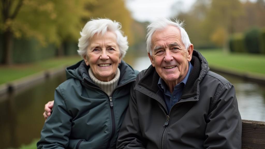 Mature couple resting on wooden bench beside Royal Canal, smiling and looking at scenery with trees in background