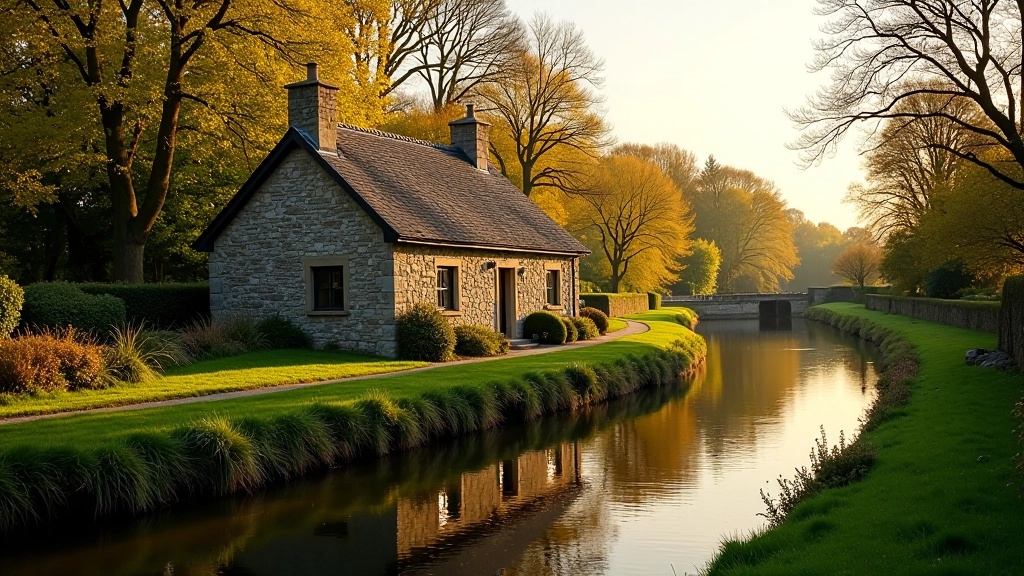 Waterfront view of lock keeper cottage showing traditional pitched roof, stone chimney, and canal-side setting with mature trees