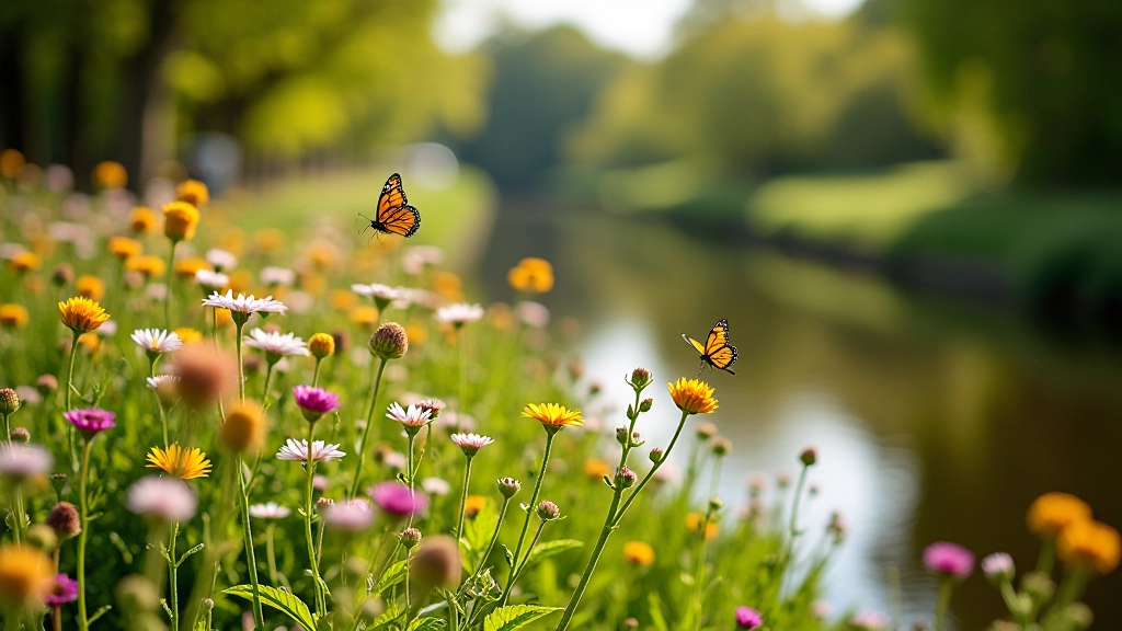 Spring wildflowers and flowering bushes along Royal Canal towpath, bees and butterflies, fresh green foliage, bright natural light