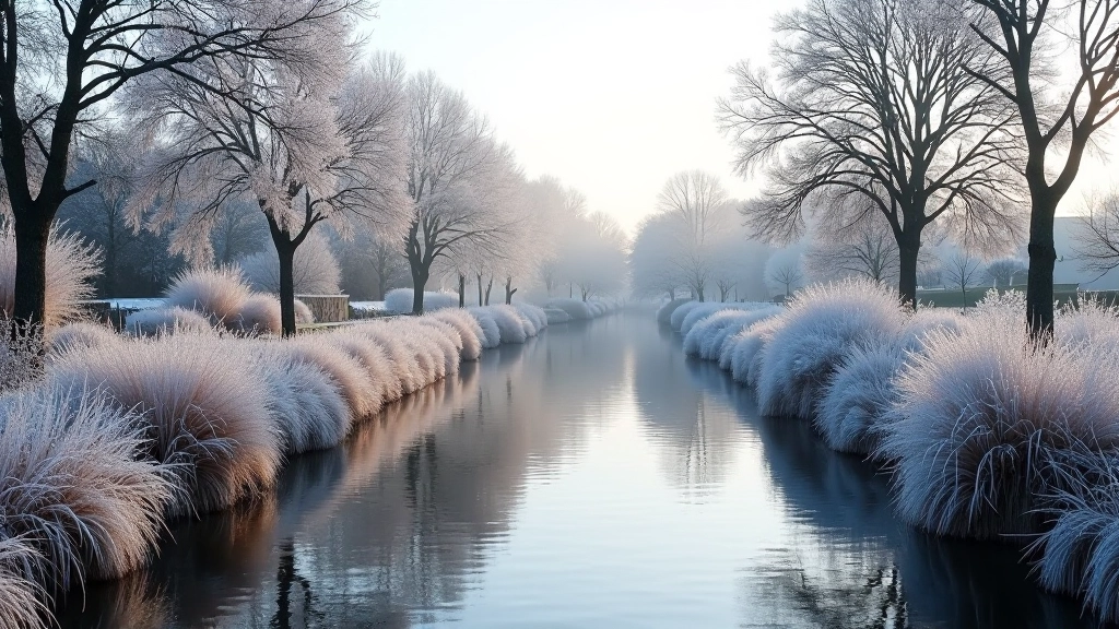Winter scene on Royal Canal towpath, frost-covered vegetation, clear cold morning light, water surface still, bare trees